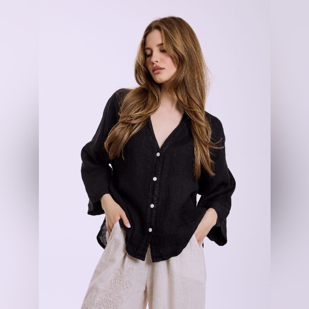 Flax Black Linen Blouse M